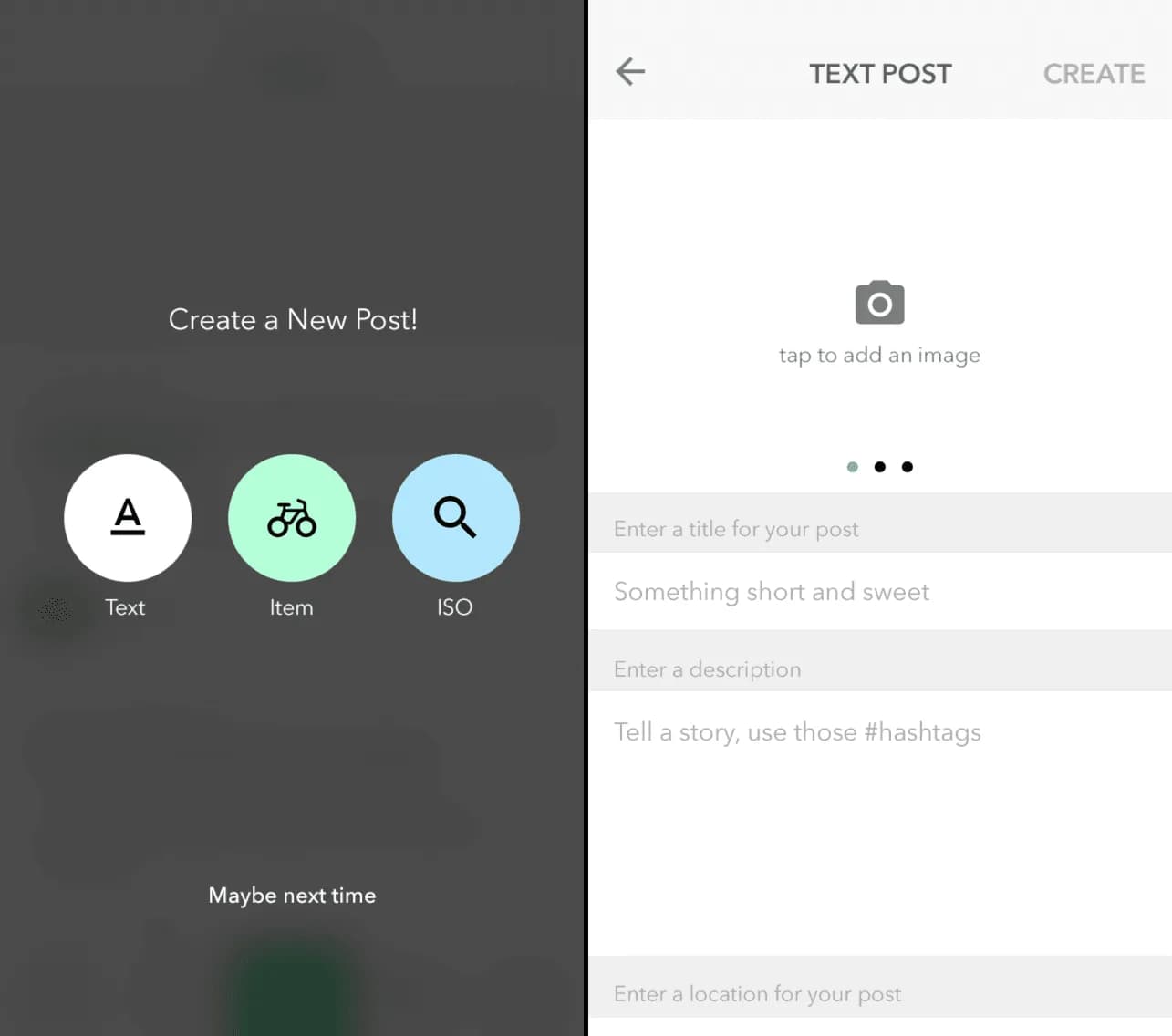 Create a new post: text, item or ISO