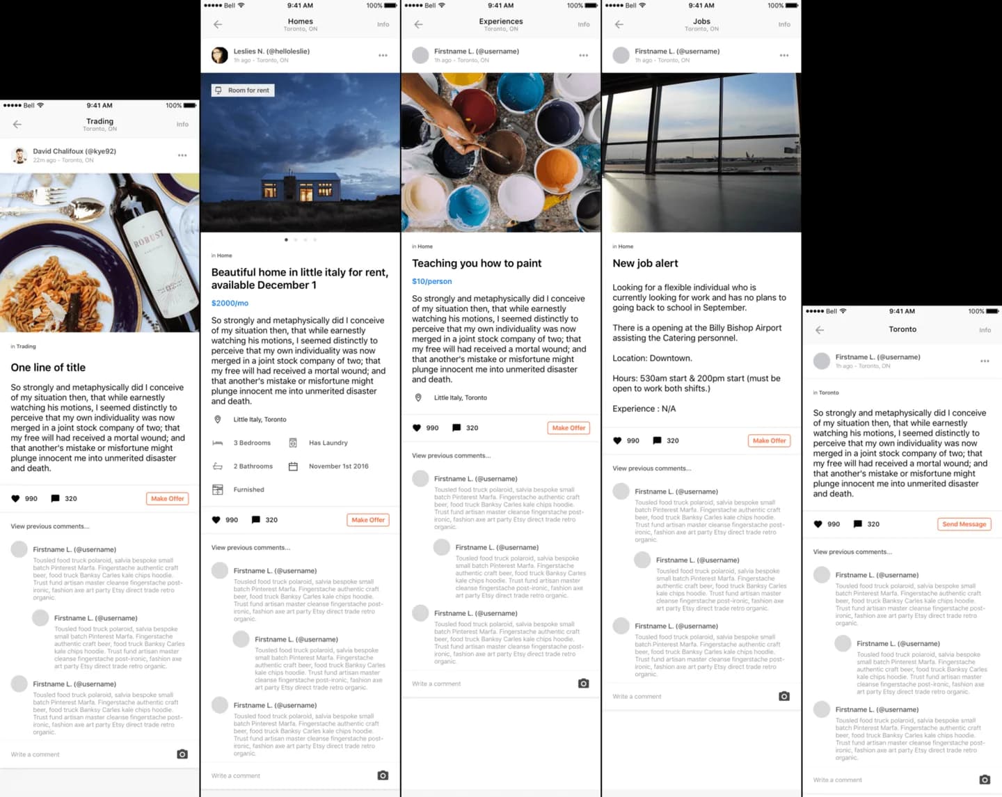 Feed, post and profile screens