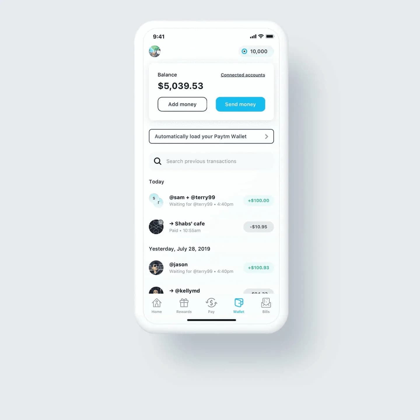 Wallet balance and recent transactions