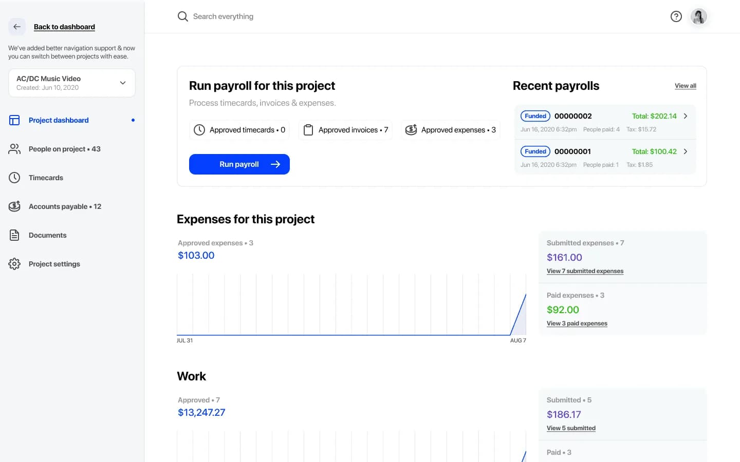 Running payroll for a project: recent payrolls, expenses and work totals