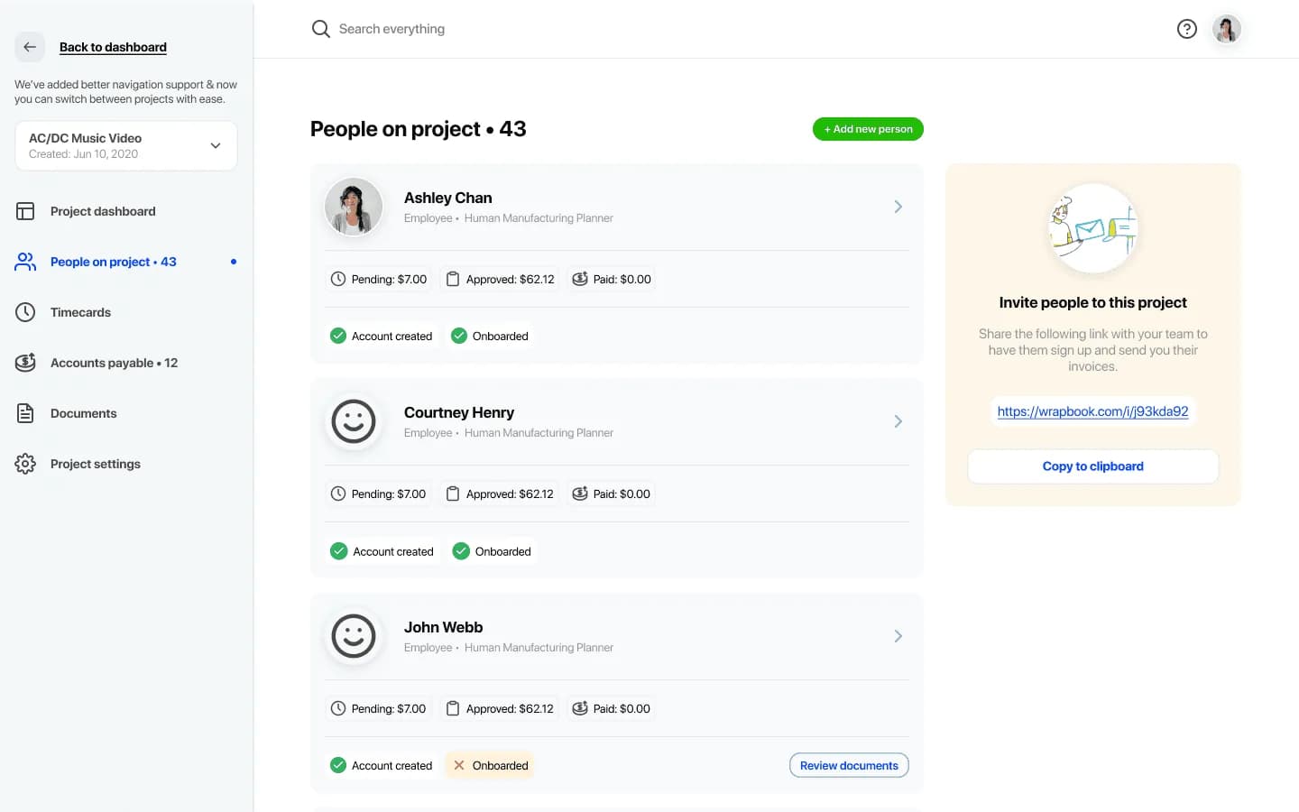 People on a project with onboarding status and an invite panel