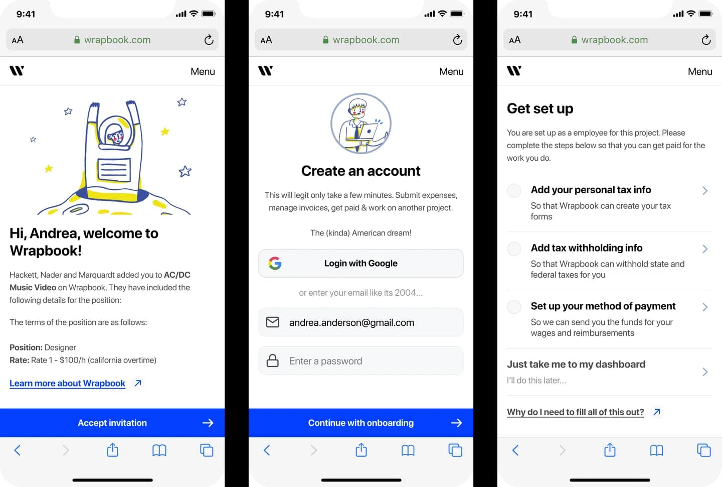 Mobile onboarding: welcome, create an account and set up payment