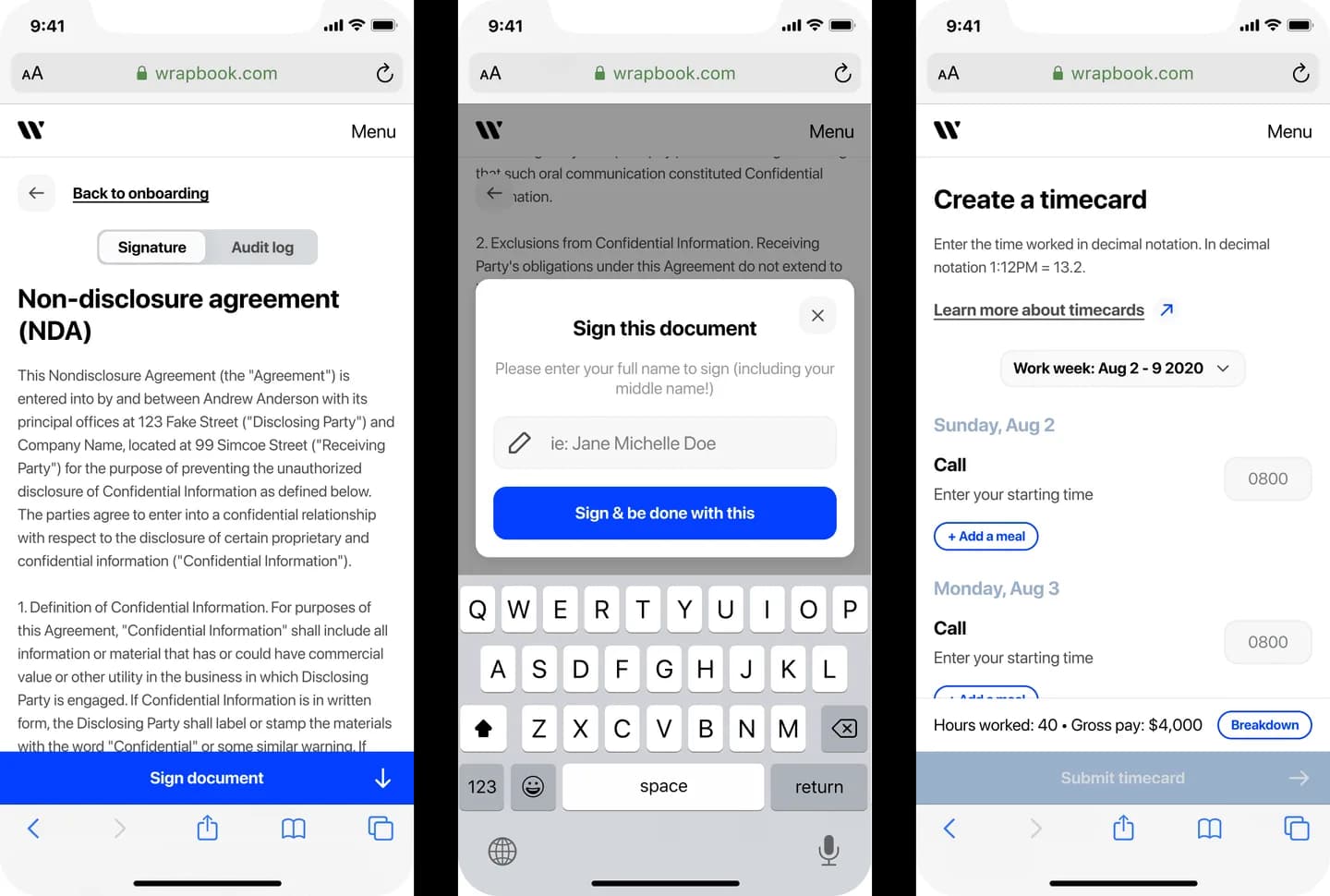 Mobile document signing and timecard entry